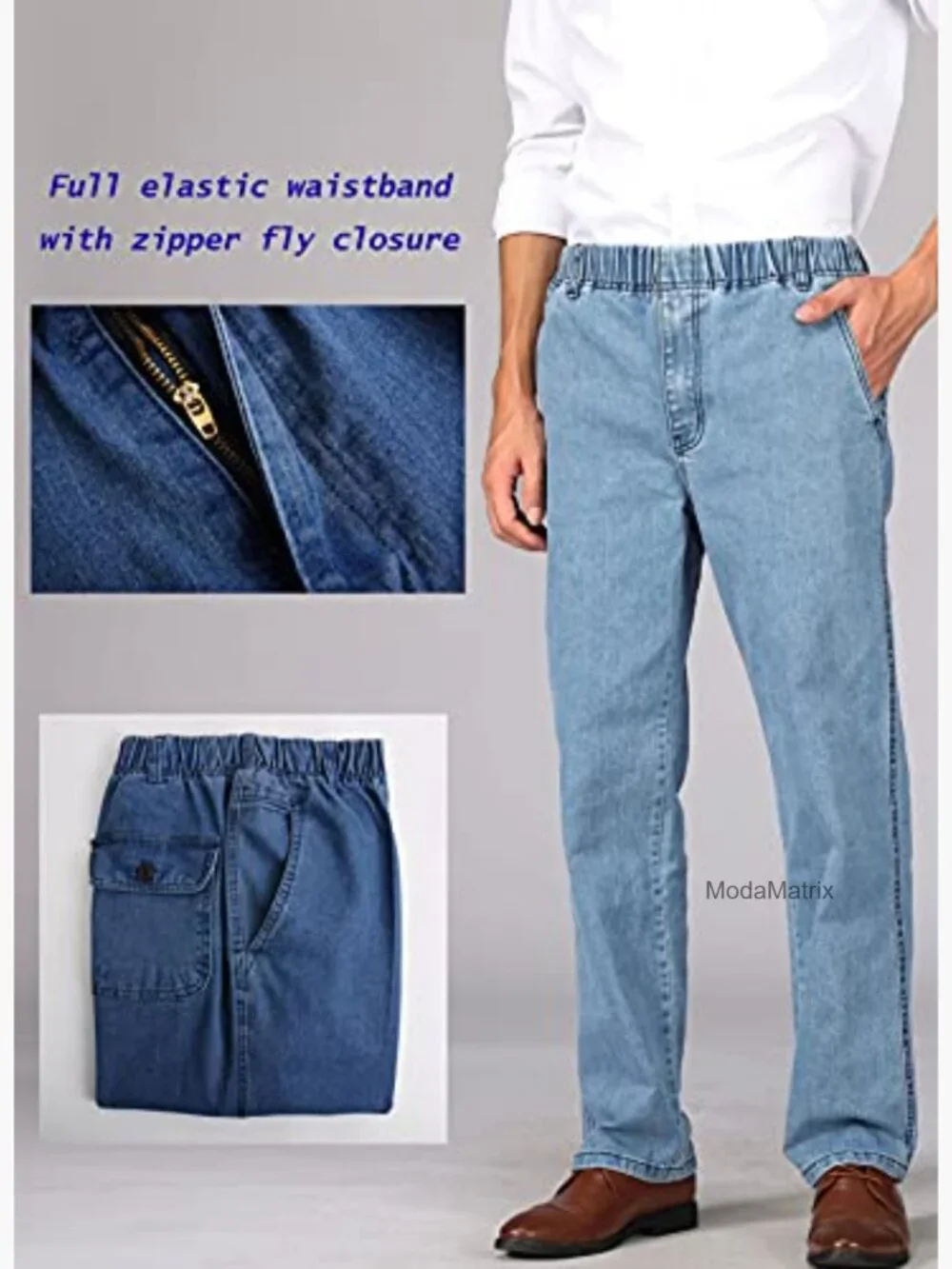 Mens Casual Loose Fit Elastic Waist Jeans Denim Pants Straight Leg